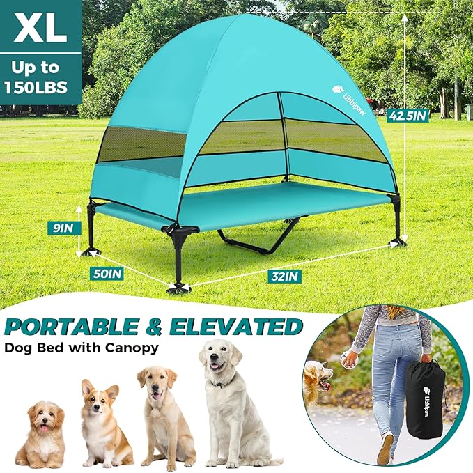 Windproof Elevated Dog Bed with Canopy & Stakes, 3-Sided 90% UV Block, Chew-Proof Teslin Mesh Mat for Large Dogs up to 150lbs(Blue X-Large)
