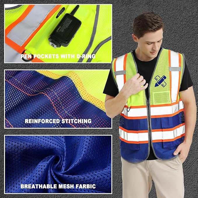 BeautyWill Custom Mesh Safety Vest Customized Logo Class2 High Visibility Reflective Vest with Pockets Construction workwear(Yellow Blue,4XL )