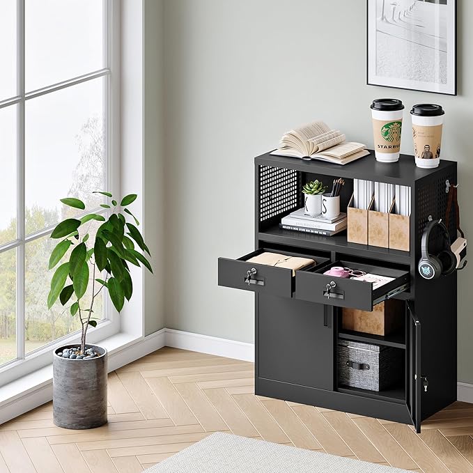 Yizosh Metal Storage Cabinet with 2 Drawers and Locking Doors,- 41.3" Steel Lockable Storage Cabinet with Shelves for Home Office,Garage,School (Black)