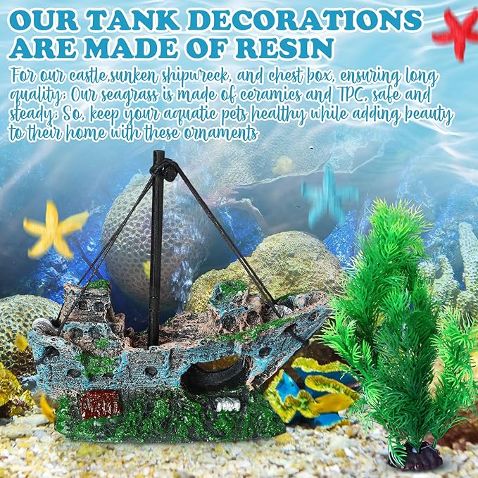 Wenqik Aquarium Decorations Large, Resin Sunken Shipwreck, Undersea Treasure Chest, Ancient Castle Ruins Tunnel House, Simulated Artificial Water Plants, Fish Shrimp Cave Hide for Fish Tank, Safe