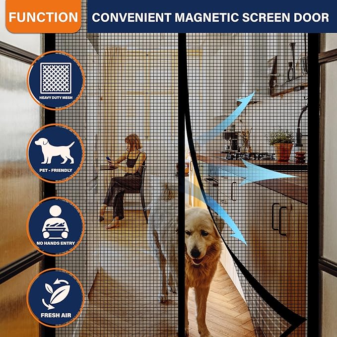 Magnetic Screen Door,Fiberglass Screen Door Mesh,Keep Bugs Out, Heavy-Duty Mesh Curtain,Pet and Kid Friendly, Works with Front Doors, Sliding Doors(38x83 Inch Fiberglass