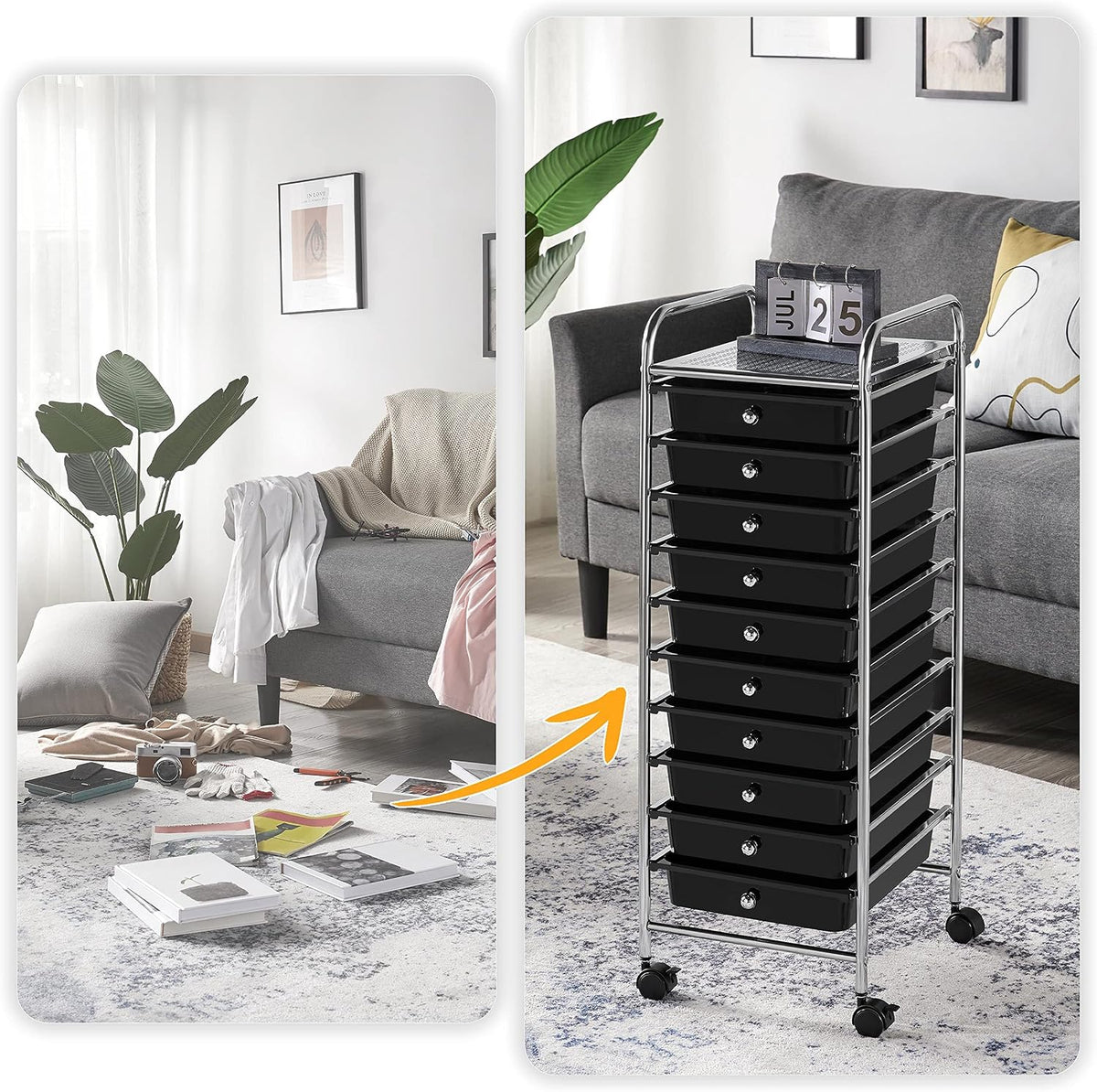 Yaheetech 10-Drawer Rolling Storage Cart with Wheels, Slim Organizer, Black