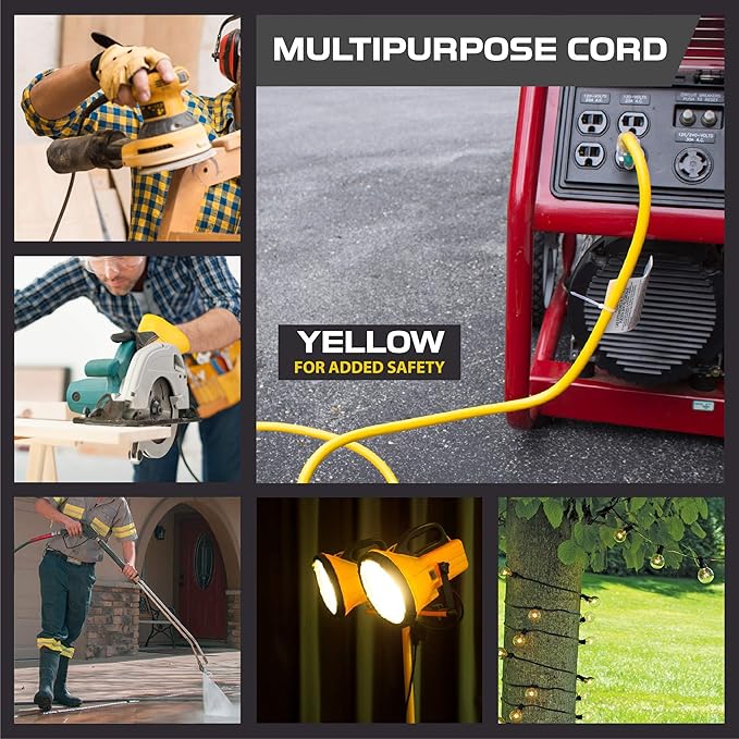 IRON FORGE CABLE 25 Foot Lighted Outdoor Extension Cord with 3 Electrical Power Outlets - 12/3 SJTW Heavy Duty Yellow Extension Cable with 3 Prong Grounded Plug for Safety, 15 AMP