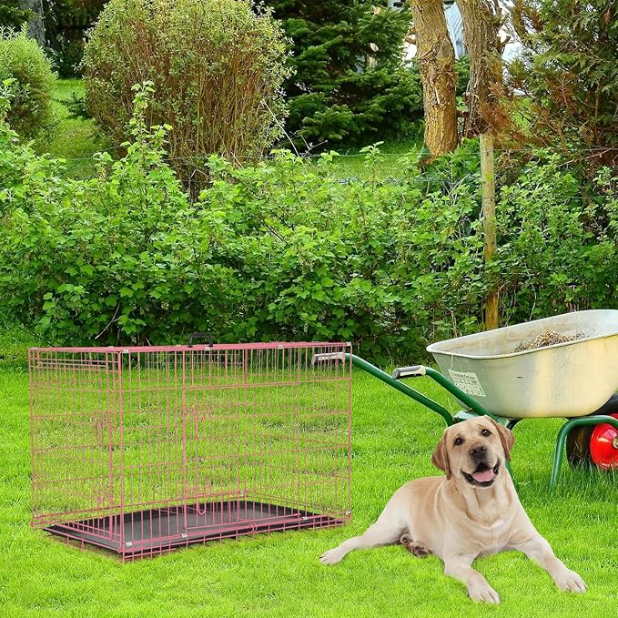 Dog Crate, Wire Kennel with Divider Panel, Metal Cages with Double Door, Leak-Proof Pan Tray, Folding Portable Pet Dog Cage for Indoor Outdoor Travel (Pink, 48")