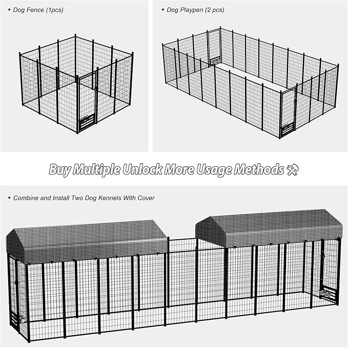 Large Outside Dog Kennel, Outdoor Dog Run Enclosure 8'x4'x6'(Including The roof) Dog Pen House with Roof Cover Heavy Duty Welded Wire Steel Dog Playpen Animal Fence with Feeding Door