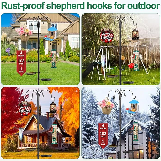 Camii 103 in Bird Feeding Station Kit, 6-Hook Wild Bird Feeder Stand Pole, Steel Multi-Feeder Pole with 5-Prong Base, Mesh Tray, Bird Bath for Attracting Wild Birds