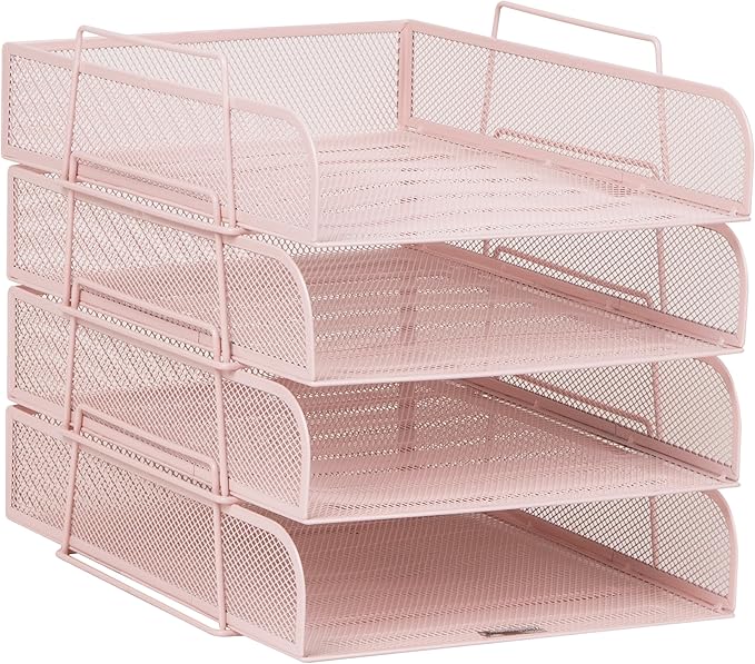 Mind Reader Stackable Paper Tray, Desktop Organizer, File Storage, Office, Metal Mesh, 10.5" L x 13.5" W x 11.25" H, 4 Pcs., Pink