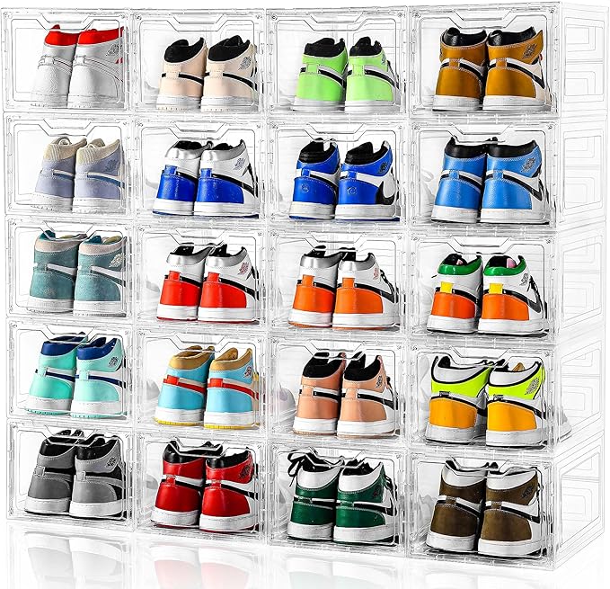 10 Pack Large Shoe Boxes Clear Plastic Stackable, Shoe Storage Organizer