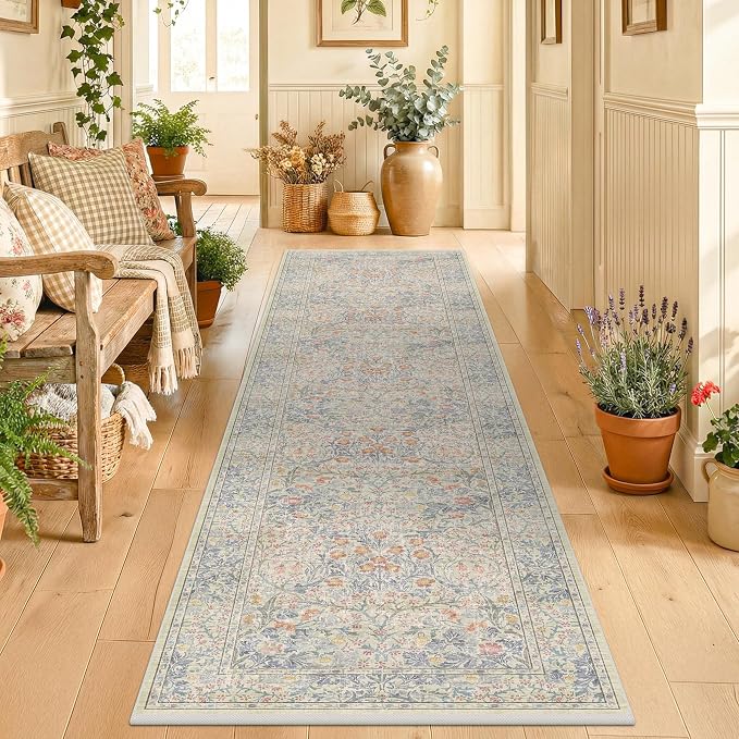 Beige Blue Washable 2x8 Runner Rug