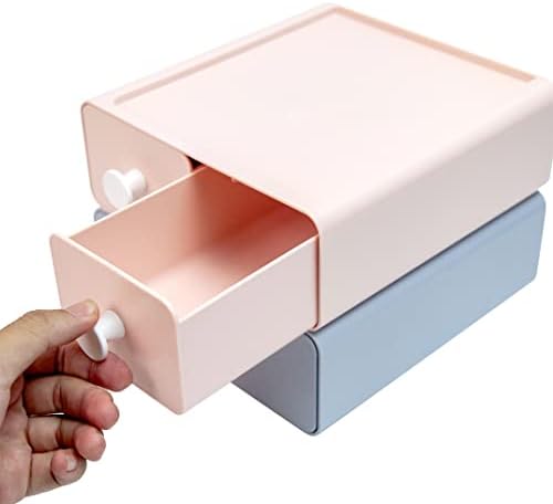 livinbox 2 PCS Stackable Plastic Desk Organizer, Drawer Type Desktop Storage Box, Cosmetics Makeup Stationery, Gel Pens, Pencils, Markers, Tape, Erasers, Paperclips, Chargers, MD-2012 (Beige&Green)
