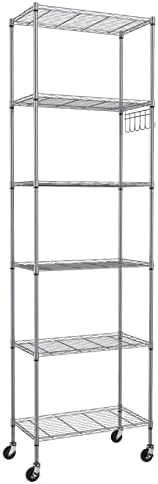 Himimi 6-Tier Wire Shelving Unit with Wheels - Adjustable Metal Storage Rack for Garage, Kitchen, Office, Pantry - Easy Assembly, Rolling Steel Shelves with Stainless Side Hooks, Silver Grey