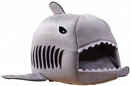 Shark Shaped Pet Dog Puppy Bed Warm Cat Bed House Nest for Autumn Winter Grey L