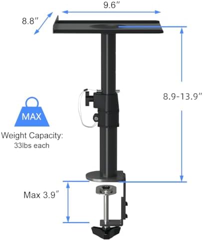 suptek Clamp-on Speaker Stand Desk Mount Set, Height Adjustment, Tilt, Swivel, 9.6 x 8.8 inch Trays, Universal Audio Holders for Computer and Bookshelf Speakers, Elevated Sound, 2 Pack, Black, SDM001B
