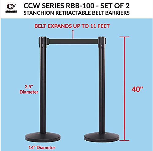 Crowd Control Warehouse CCW Series RBB-100 - Set of 2 Stanchion Retractable Belt Barriers - 11 Foot, Yellow Horizontal Reflective Stripe Belt with Black Post - Easy Assembly