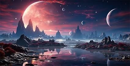 24X12IN Cosmic Spaceterrarium Background, Cool Parallel Space Themed Aquarium Reptile Habitat Background, Red Moon Aquarium Background with 10EVA Double-Sided Tape