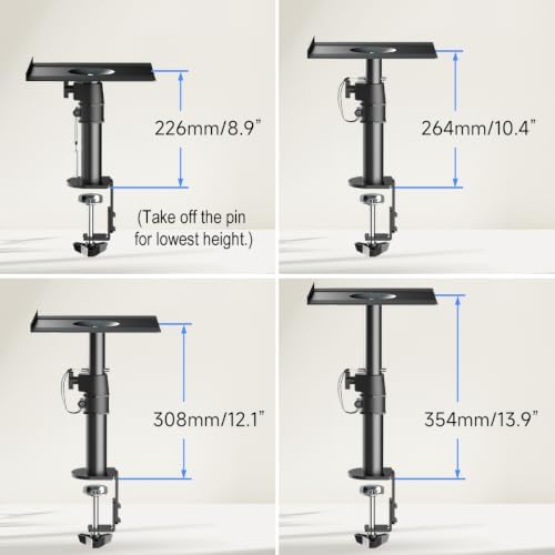 suptek Clamp-on Speaker Stand Desk Mount Set, Height Adjustment, Tilt, Swivel, 9.6 x 8.8 inch Trays, Universal Audio Holders for Computer and Bookshelf Speakers, Elevated Sound, 2 Pack, Black, SDM001B
