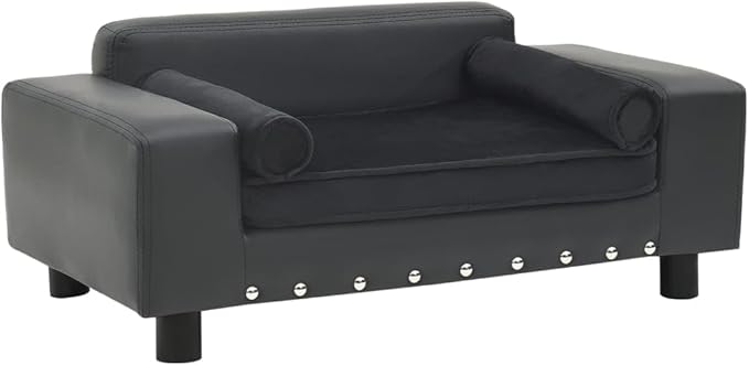 Modern Dog Sofa for Small Medium Dogs, Dark Grey Faux Leather Pet Bed with Plush Cushion, Durable Solid Wood Frame, Rectangular Indoor Cat Bed Lounge