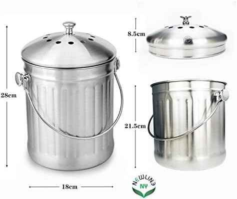 NewlineNY Stainless Steel Indoor Compost Bin for Kitchen Countertop, 1.3 Gallon Recycling Pail Bucket with 2 Charcoal Filters