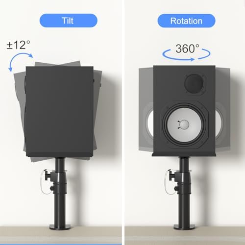suptek Clamp-on Speaker Stand Desk Mount Set, Height Adjustment, Tilt, Swivel, 9.6 x 8.8 inch Trays, Universal Audio Holders for Computer and Bookshelf Speakers, Elevated Sound, 2 Pack, Black, SDM001B