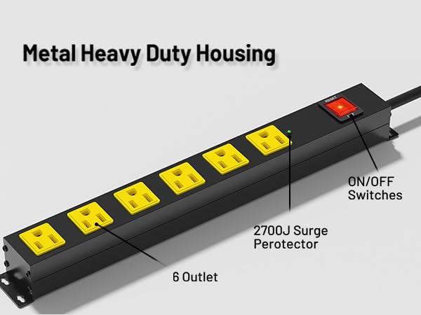 Heavy Duty 6 Outlet Metal Long Power Strip, 2700J Surge Protector with 15A Circuit Breaker, 6FT Extension Cord, Wall Mount for Garage, Workshop & Industrial Use, Wide Spaced (6ft)