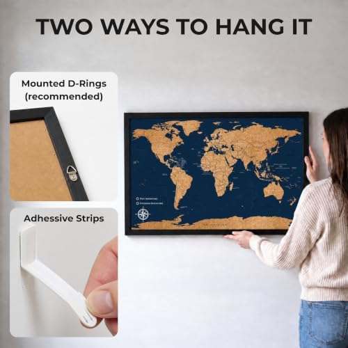 Large Push Pin World Travel Map – 30" x 20" Framed Cork Board Wall Art, Modern World Map with 200 Unique Pins for Tracking Adventures, A Premium Gift for Travelers, Couples and Families