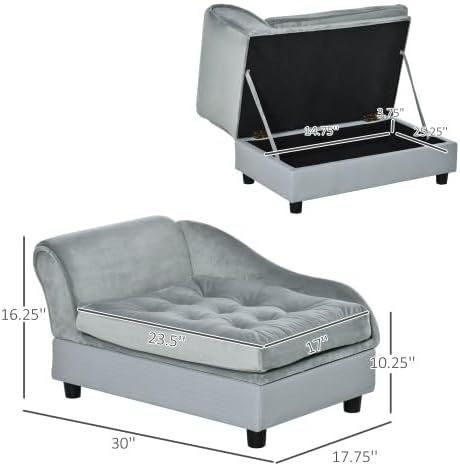 Luxury Dog Sofa Bed with Storage – Small Dog Couch Bed with Hidden Storage, Soft Foam Pet Sofa, Modern Raised Dog Bed for Small Dogs (Grey)