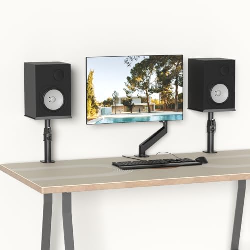 suptek Clamp-on Speaker Stand Desk Mount Set, Height Adjustment, Tilt, Swivel, 9.6 x 8.8 inch Trays, Universal Audio Holders for Computer and Bookshelf Speakers, Elevated Sound, 2 Pack, Black, SDM001B