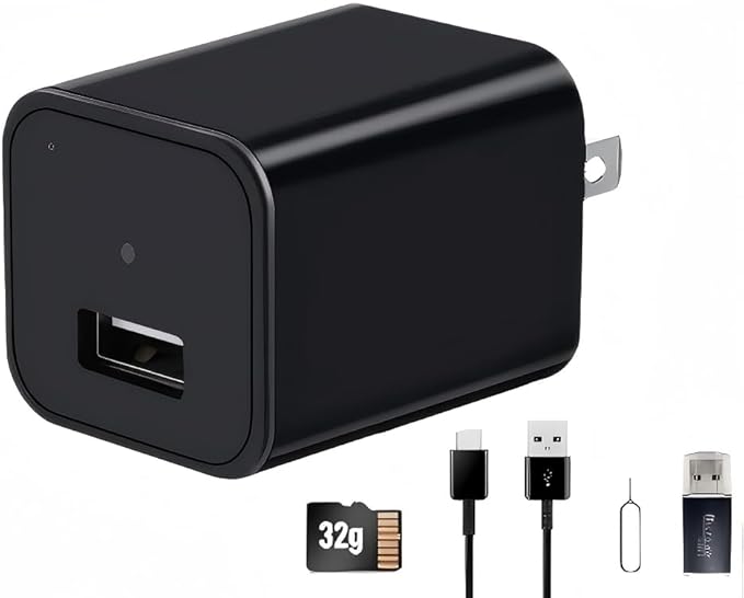 JEVDES USB Charger Hidden Camera, 1080P HD Local Recording for Home Surveillance, Nanny Cam with 32GB SD Card, Discreet Charger Design
