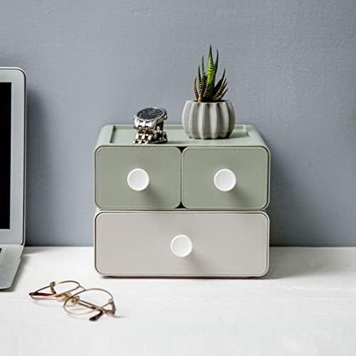livinbox 2 PCS Stackable Plastic Desk Organizer, Drawer Type Desktop Storage Box, Cosmetics Makeup Stationery, Gel Pens, Pencils, Markers, Tape, Erasers, Paperclips, Chargers, MD-2012 (Beige&Green)