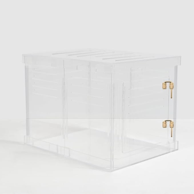 Clear Acrylic Small Dog Crate Furniture with Linen Cushion for Small Dogs up to 22 lbs, 3 in 1 Pet Crate and Gate, Modern Furniture Style Indoor Kennel, Dual Gold Latch, 16 x 24 x 18 in