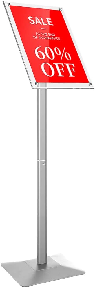 DISPLAYSWORKER Adjustable Heavy Duty Pedestal Acrylic Sign holder floor Stand,sign stand poster stand ,Standing Floor for 11 x 17 inch,Silver (silver, acrylic frame 11-x-17-inch)