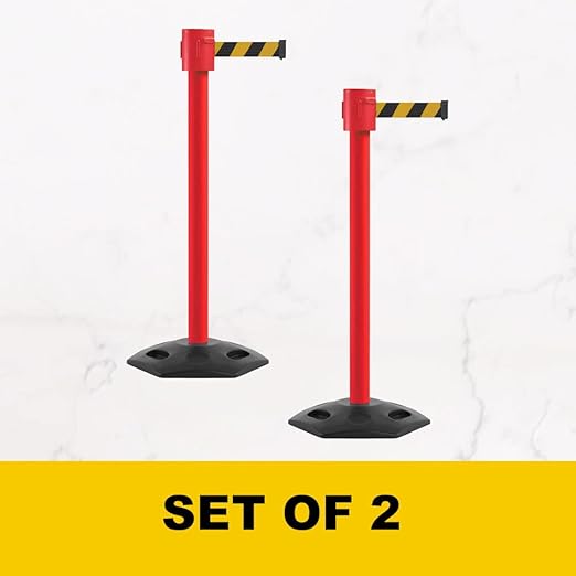 Montour Line MSR760 Set of 2 Retractable Belt Barrier Stanchion, Rubber Base, Red Post (35 ft Yellow with "Cleaning in Progress" Black Letters Belt)