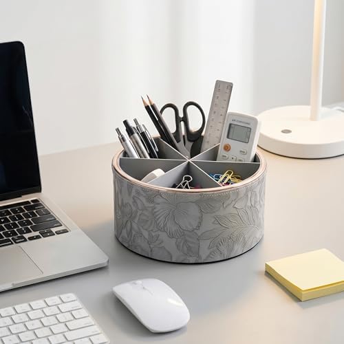 Remote Control Holder, 360°Spinning PU Leather Desk TV Remote Caddy,Desk Storage Box Room Accessories for Controller, Media,Mail,Calculator, Mobile Phone,Pencil(1B-Golden Grey)