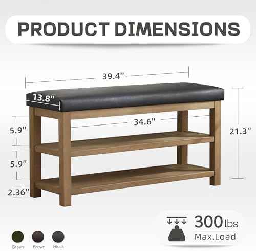Zihanhome Shoe Rack Bench with Leather Cushion, 2 Tier Solid Wood