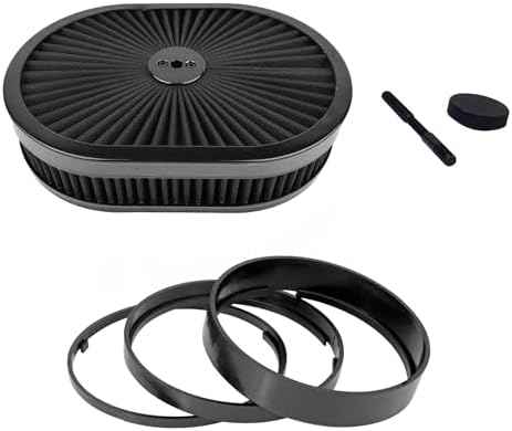 X-AVION Super Flow Oval 12''X2'' Air Filter Assembly Kit Black, Element and Anodized Base Washable and Reusable Replacement V8 Air Cleaner with Mounting Stud&Wing Nut&3 Spacers Kit