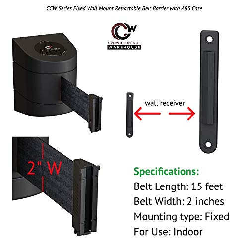 Crowd Control Warehouse - CCW Series WMB-220 Fixed Wall Mount Retractable Belt Barrier - 15 Foot, Black Horizontal Blue Stripe Belt with Yellow ABS Case