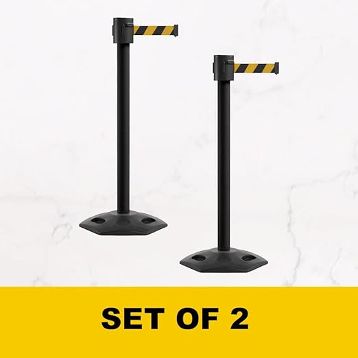 Montour Line MSR760 Set of 2 Retractable Belt Barrier Stanchion, Rubber Base, Black Powder Coated Post (35 ft Blue Belt)