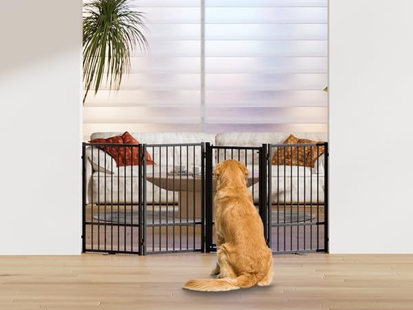 Full Metal Freestanding Dog Gate with Door, 32''Height Foldable Pet Dog Fence for Indoor & Outdoor, 4 Panels Extra Wide Free Standing TallDog Gates for Doorways,House,Stairs,Porch,Deck,Yard