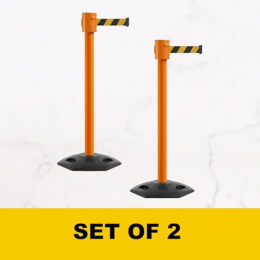 Montour Line MSR760 Set of 2 Retractable Belt Barrier Stanchion, Rubber Base, Orange Post (35 ft Orange Belt)