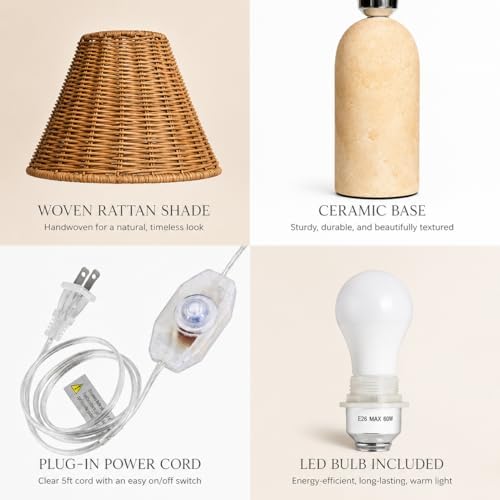 14" Small Mini Wicker Table Lamp – Handmade Ceramic Base with Rattan Shade, Dimmable Nightstand or Accent Light for Nursey, Kitchen Counter, Small Spaces, Bookshelf, Nightstand – Boho Decor