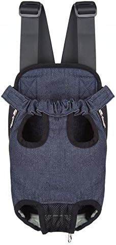 Pet Dog Puppy Cat Carrier Five Holes Backpack Double Shoulder Straps Denim Front Chest Backpack Bag, L, Blue