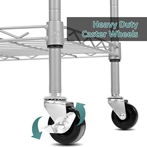 Himimi 6-Tier Wire Shelving Unit with Wheels - Adjustable Metal Storage Rack for Garage, Kitchen, Office, Pantry - Easy Assembly, Rolling Steel Shelves with Stainless Side Hooks, Silver Grey