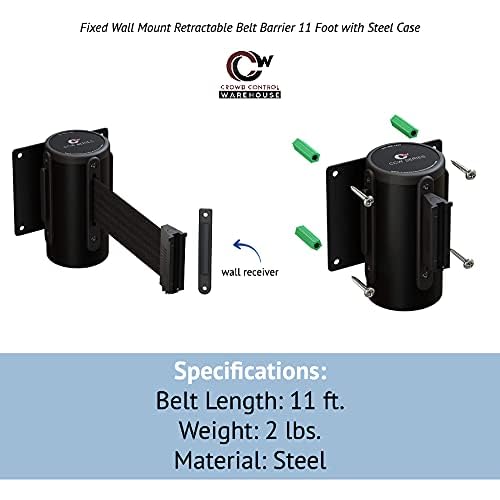 Crowd Control Warehouse - CCW Series WMB-120 Fixed Wall Mount Retractable Belt Barrier - 11 Foot, Green Belt with Black Steel Case
