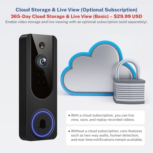 1080p WiFi Video Doorbell Camera Wireless, Battery Powered, AI Human and Motion Detection, 2 Way Talk, Night Vision, Cloud Storage, 2.4G WiFi Only, Indoor/Outdoor Surveillance