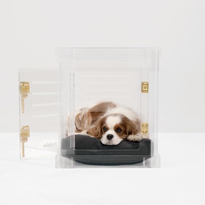 Clear Acrylic Small Dog Crate Furniture with Charcoal Cushion for Small Dogs up to 22 lbs, 3 in 1 Pet Crate and Gate, Modern Furniture Style Indoor Kennel, Dual Gold Latch, 16 x 24 x 18 in