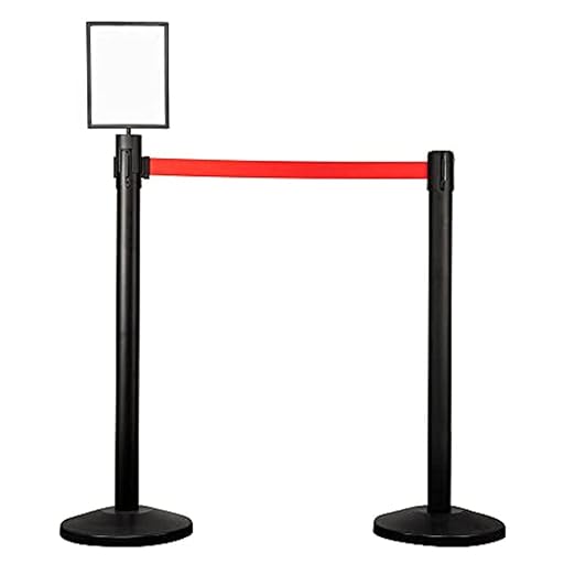 Qbuster Black Stanchions with Retractable Belt, Crowd Control Safety Barrier with 11’ Red Belt, 1 Sign Holder, Set of 2 Posts
