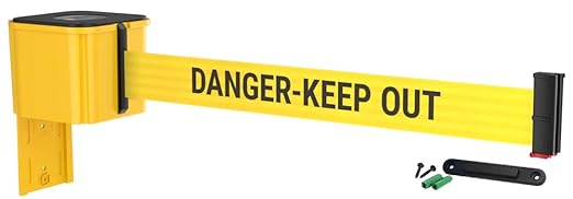 WM412 Retractable Belt Wall Mounted Yellow Crowd Control Barrier and Receiving End, 20' Danger Keep Out Belt