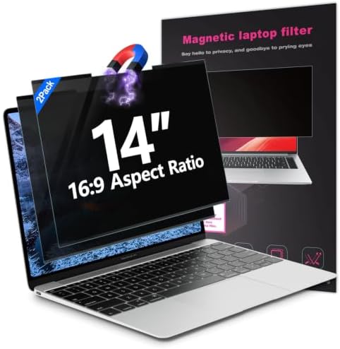 2Pack Magnetic 14 Inch Laptop Privacy Screen 16:9 Aspect Ratio, Removable Anti-Blue/Glare Protector Film, Anti Spy Desktop Security Private Filter 14in