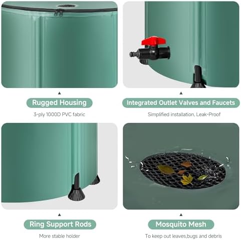 Collapsible Rain Barrel Water Storage Containers-53 Gallon Portable Rainwater Collect System Water Tank to Collect Rainwater from Gutter Downspout Water Catcher with Spigots,Filter＆Overflow Kits