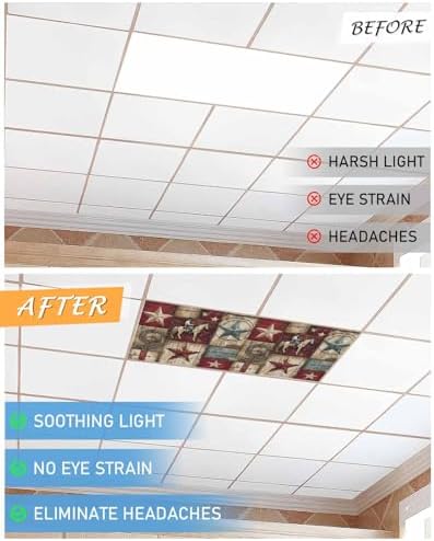 1 PCS Fluorescent Light Covers - Farmhouse Western Cowboy Vintage Wood Magnetic Light Filters for Ceiling Light,Rustic Stars Horse Light Shade Panel for Office Classroom Home Decor,4 x 2 Feet